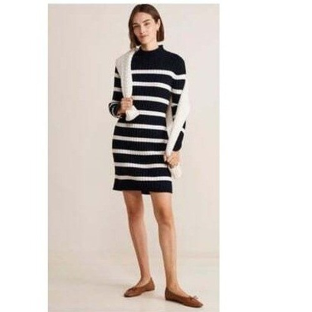 NWT Vineyard Vines Sweater Dress Women L Navy Maritime Striped Roll Neck Ribbed